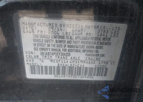 2014 Nissan Sentra Sv z USA, uszkodzony, nr VIN 3N1AB7AP0EY304206